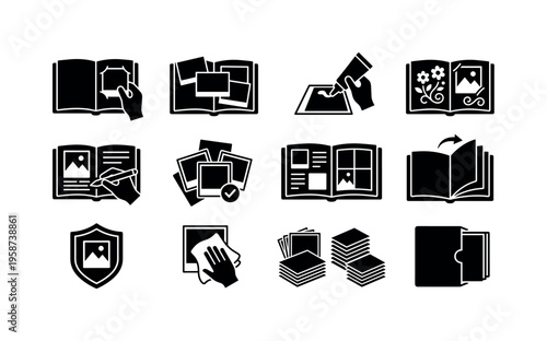 Collection of icons illustrating photo album creation and management steps
