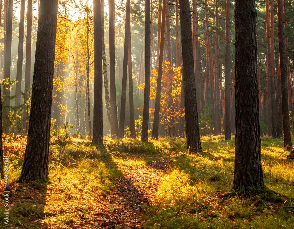 Obraz premium Sunbeams filter through a dense forest with tall trees and golden foliage on the ground