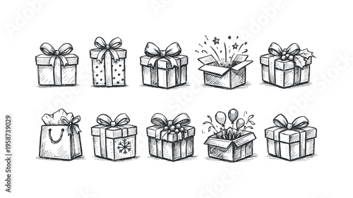 Collection of hand-drawn gift boxes and bags with bows and festive elements