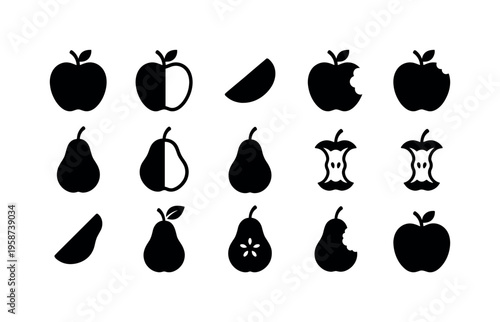 Collection of black and white icons representing apples and pears in various states