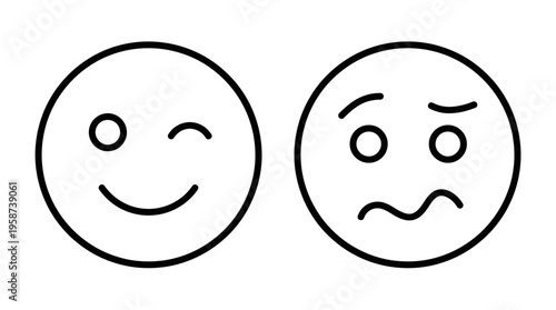 Emotions in monochrome: Two monochrome emoticons, one winking with a cheerful grin and the other portraying unease and concern.