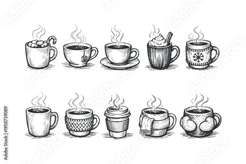 Collection of hand-drawn steaming hot beverages in various cozy mugs and cups