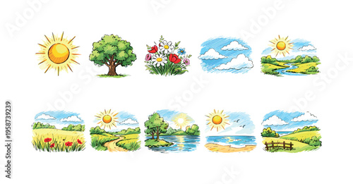 Collection of charming hand-drawn nature scenes with sun, trees, and landscapes