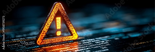 Glowing orange warning triangle with exclamation mark on dark blurred computer code background illustrating cybersecurity threat, system error, and data breach alert.