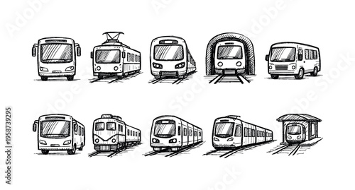 Collection of hand-drawn sketches of various public transportation vehicles