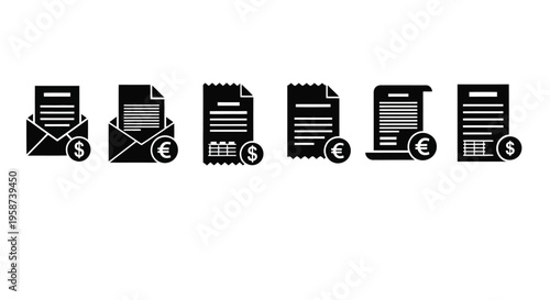 Black icons depicting various documents with currency symbols