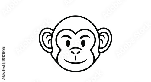 Monkey face, cartoon primate, black line art, vector illustration, smiling animal