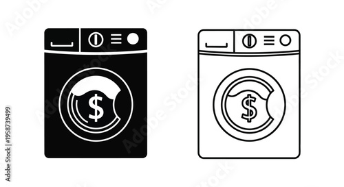 Two washing machine icons one filled and one outlined with dollar signs