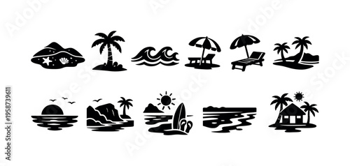 Collection of simple black and white beach and tropical island icons
