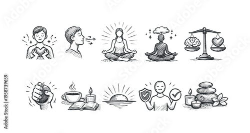 Collection of hand-drawn icons representing mental wellness and relaxation techniques