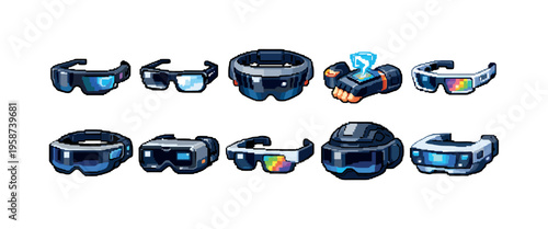 Collection of futuristic pixel art augmented reality and virtual reality headsets
