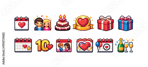 Pixel art icons celebrating love, anniversaries, and special occasions