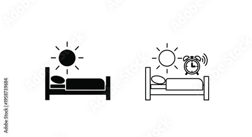 Simple icons depicting sleep and wakefulness with a bed sun and alarm