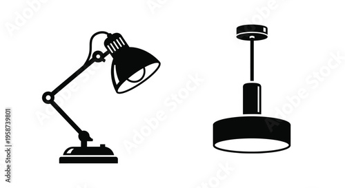 Two black and white light fixtures a desk lamp and a ceiling light