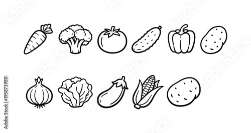 Collection of hand-drawn vegetable icons in a simple, clean line art style