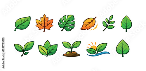 Collection of stylized green and autumn leaves, sprouts, and nature icons