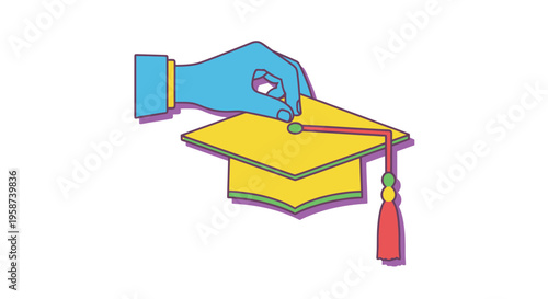 A colorful illustration depicts a hand placing a tassel on a graduation cap