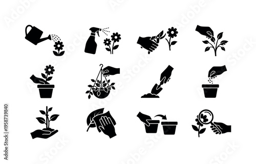 Collection of icons illustrating various plant care and gardening activities