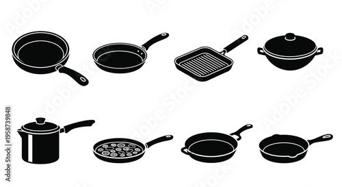 Black and white illustration of various cooking pots and pans