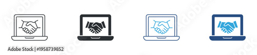 Online partnership and business agreement icon set. Handshake on laptop, digital collaboration and remote deal concept. Vector illustration.
