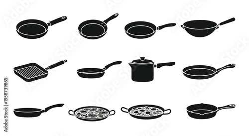 Collection of black cookware frying pans saucepans and griddles