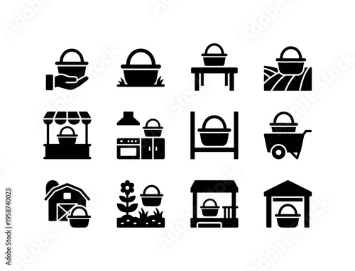 Various icons of baskets and their uses in agriculture and home settings