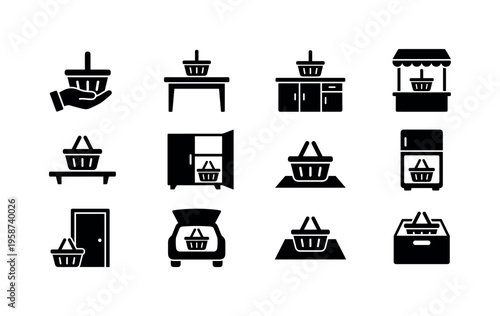 Collection of shopping basket icons in various placement scenarios
