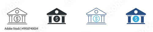 Banking and financial institution icon set. Bank building, money services and finance management concept. Vector illustration.