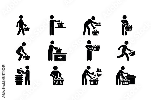 Collection of stick figure icons illustrating various shopping and basket usage scenarios