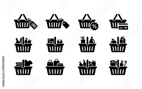 Collection of shopping basket icons representing various retail and e-commerce concepts