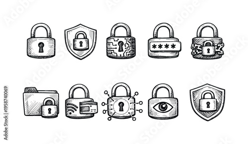 Hand-drawn security icons representing data protection and privacy measures