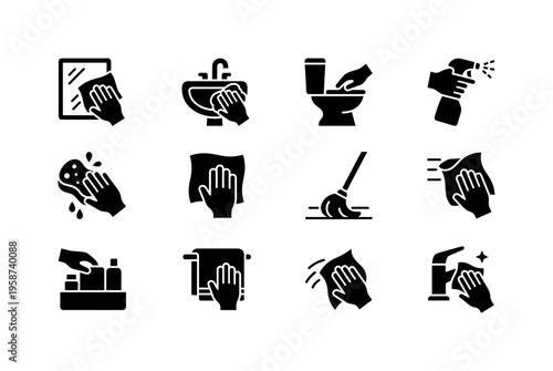 Collection of icons illustrating various bathroom cleaning tasks and supplies