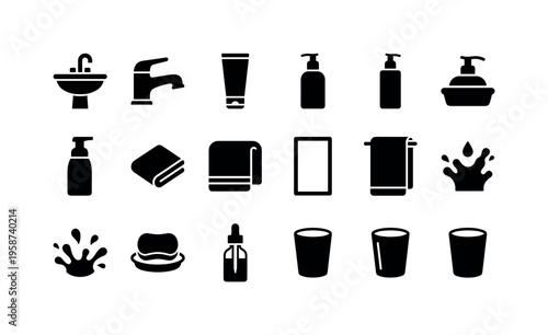 Collection of black and white icons representing bathroom essentials and hygiene items