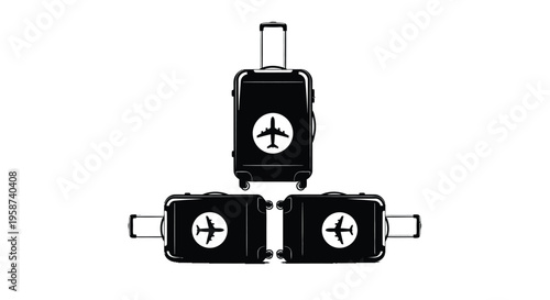 Three black rolling suitcases marked with white airplane icons are arranged in a pyramid shape against a pure white background for travel concepts.