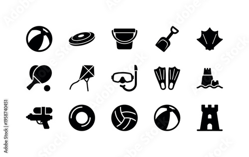 Collection of black icons representing various beach and summer recreation items