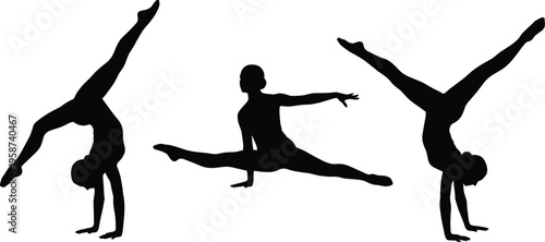 Gymnast silhouettes performing acrobatic poses, flexibility and balance sport illustration, athletic training vector design isolated on white background