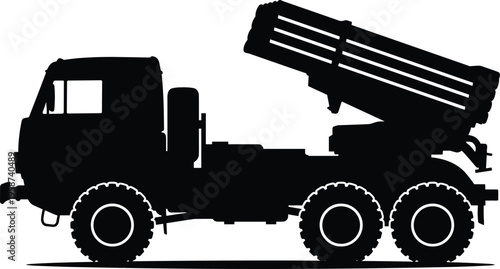 Military rocket launcher truck silhouette vector, multiple rocket artillery system vehicle illustration, heavy army transport icon isolated on white background
