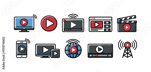 Collection of media playback icons representing various devices and broadcasting
