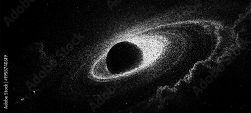 Stipple illustration of planet with ring in deep space. Monochrome grainy galaxy background with black hole. Cosmic texture for astronomical graphic design and night sky science art.