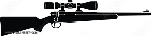 Sniper rifle silhouette with scope illustration, hunting and military weapon concept vector design, precision firearm icon isolated on white background