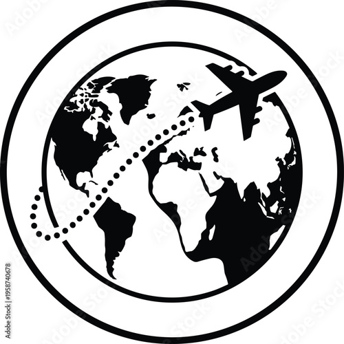 Airplane flying around globe illustration, global travel concept vector design, world map with flight path icon isolated on white background
