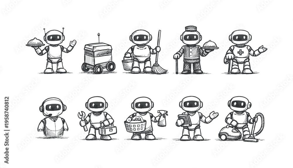 Fototapeta premium Collection of cute cartoon robots performing various service jobs and tasks