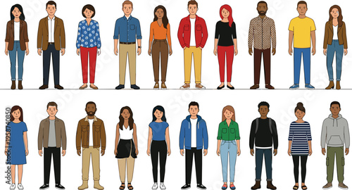 Diverse multicultural people characters collection, men and women in casual clothing vector illustration, human diversity and lifestyle concept isolated on white background