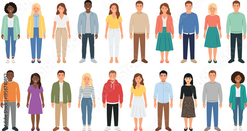 Diverse multicultural people characters collection, men and women in casual outfits vector illustration, human diversity and community concept isolated on white background