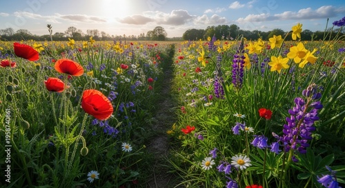 Vibrant Wildflower Meadow Under Bright Sky with Colorful Blooming Flowers