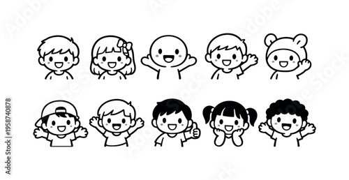 Collection of diverse cartoon children waving and smiling with joy