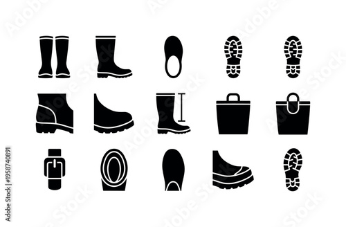 Collection of black boot and shoe icons with soles and handles