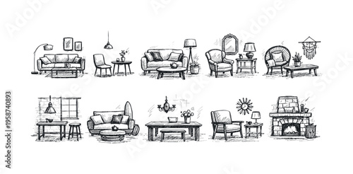 Collection of hand-drawn sketches depicting various cozy living room furniture arrangements
