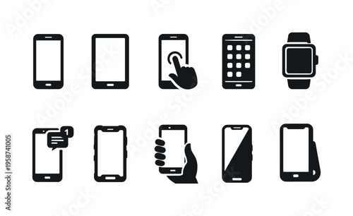 Collection of modern smartphone and smartwatch icons with various functions