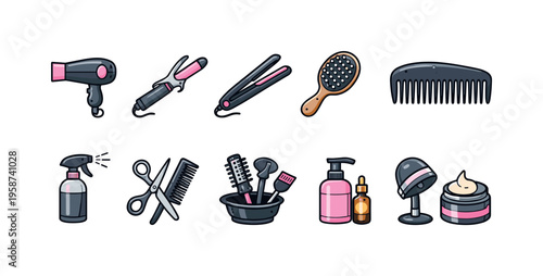 Collection of cartoon hair salon tools and products for styling and care